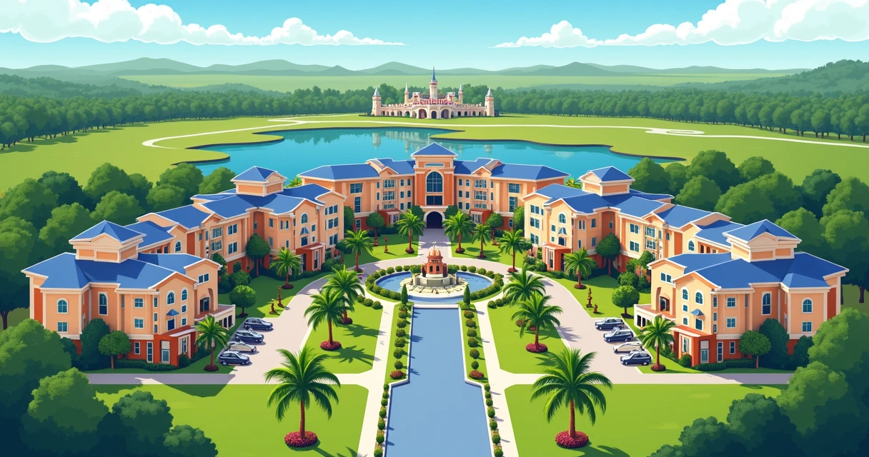 Aerial view of a residential condominium with internal roads and visible proximity to a theme park