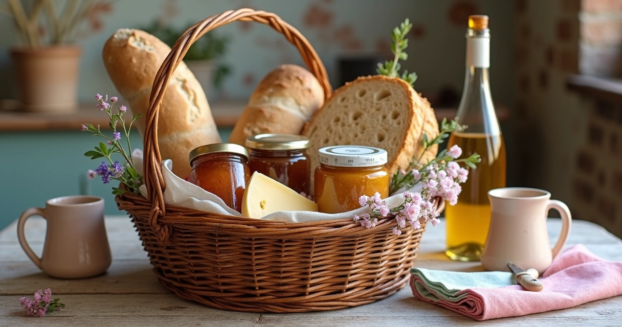 Cesta de Páscoa artesanal com pães, geleias e presente decorativo 