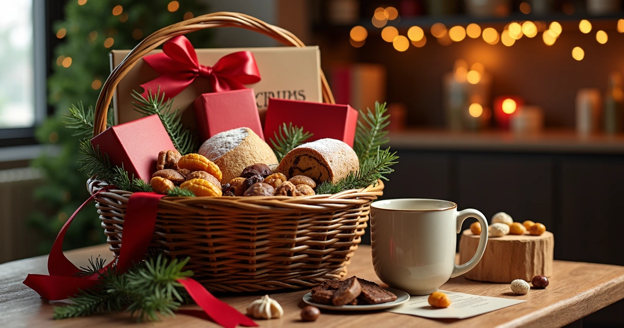 Cesta de Natal com caneca e cartão personalizado 