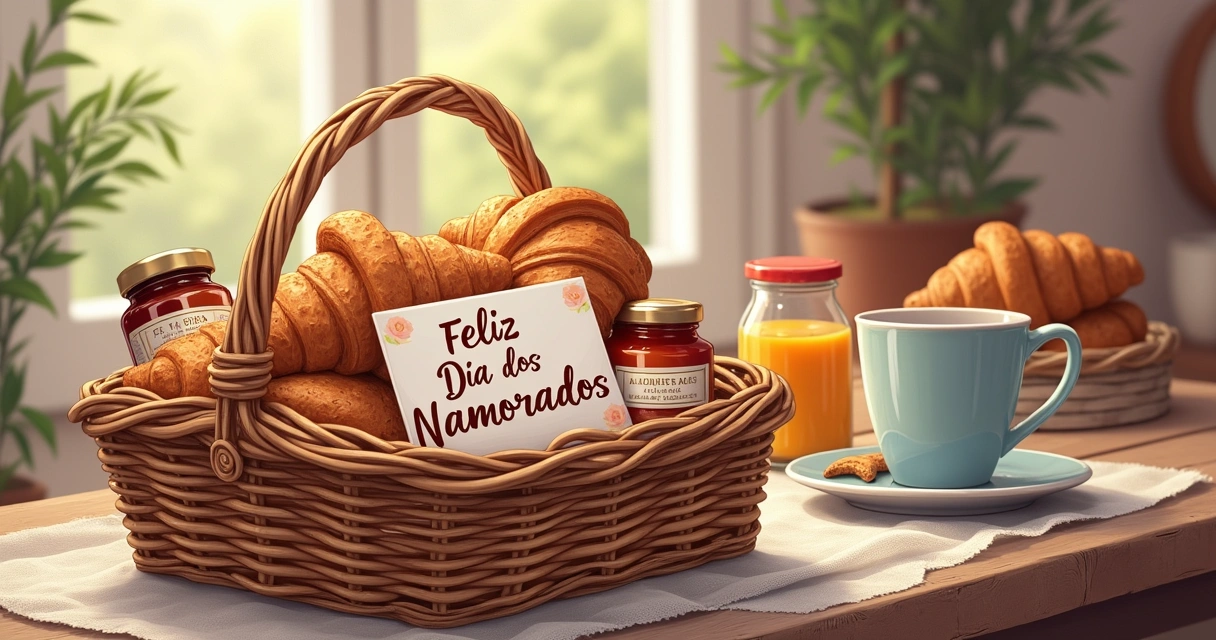 Cesta de café da manhã com itens variados e cartão