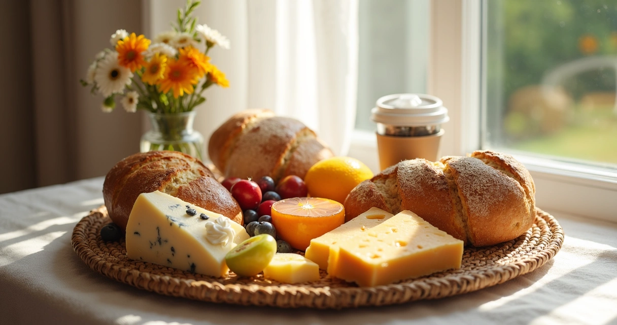 Cesta de café da manhã variada ao lado de flores 