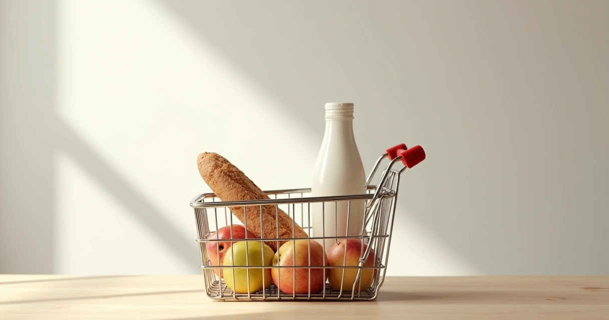 Cesta de compras vazia com poucos itens básicos sobre fundo claro