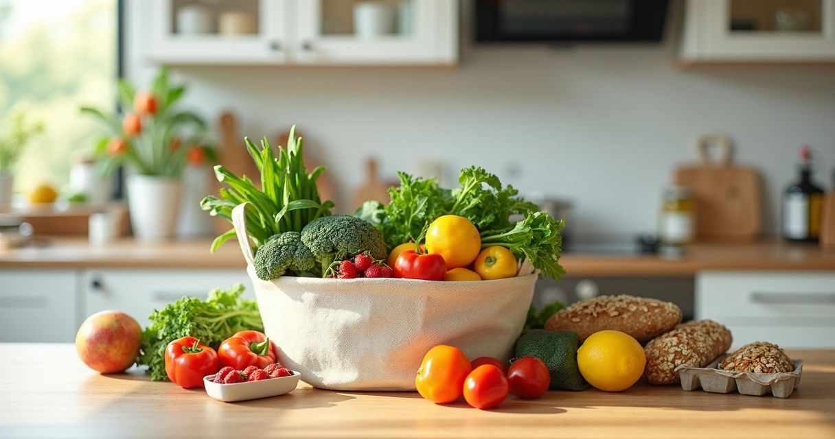Cesta de compras com alimentos saudáveis em bancada de cozinha moderna 