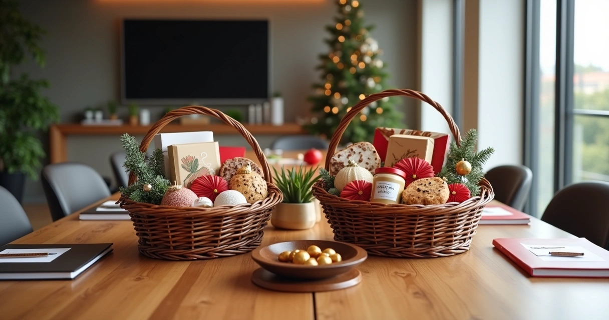 Cestas de Natal sobre mesa de reunião corporativa 