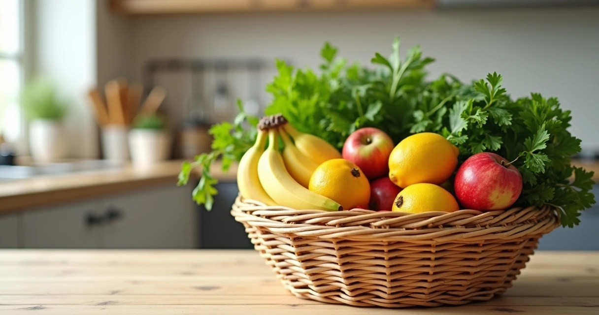 Cesta com frutas e verduras em cima de uma mesa de madeira clara 