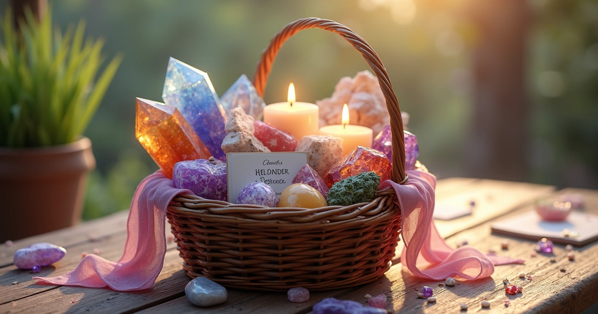 Cesta mística com cristais, velas, ervas e cartões energizados 