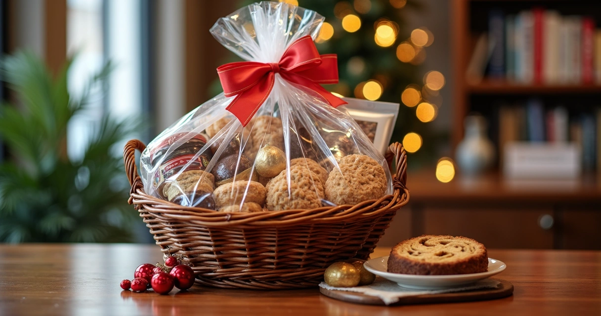 Cesta de Natal corporativa com produtos e embalagem festiva 