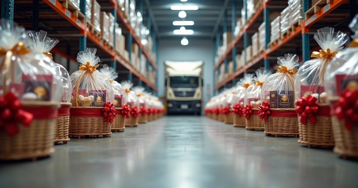 Cestas de Natal corporativas organizadas para entrega em centro logístico 
