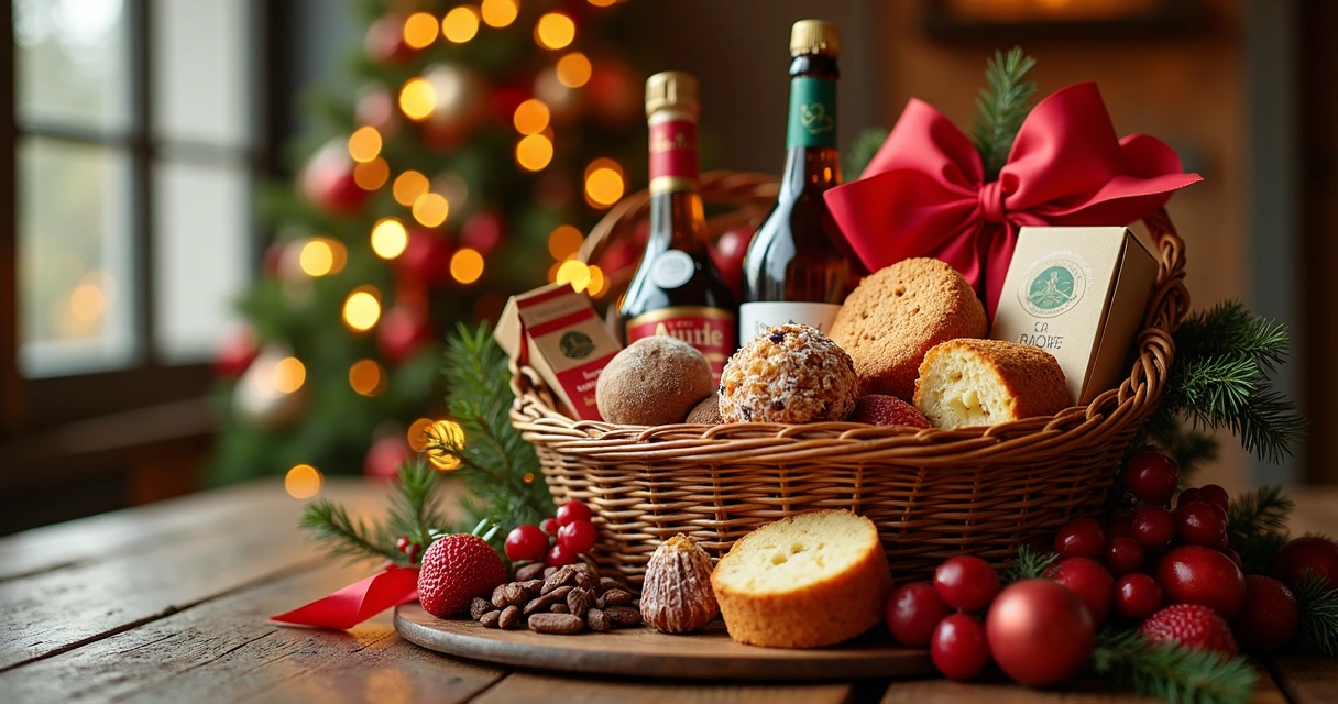 Cesta de Natal sobre mesa de madeira com panetone, biscoitos e espumante 