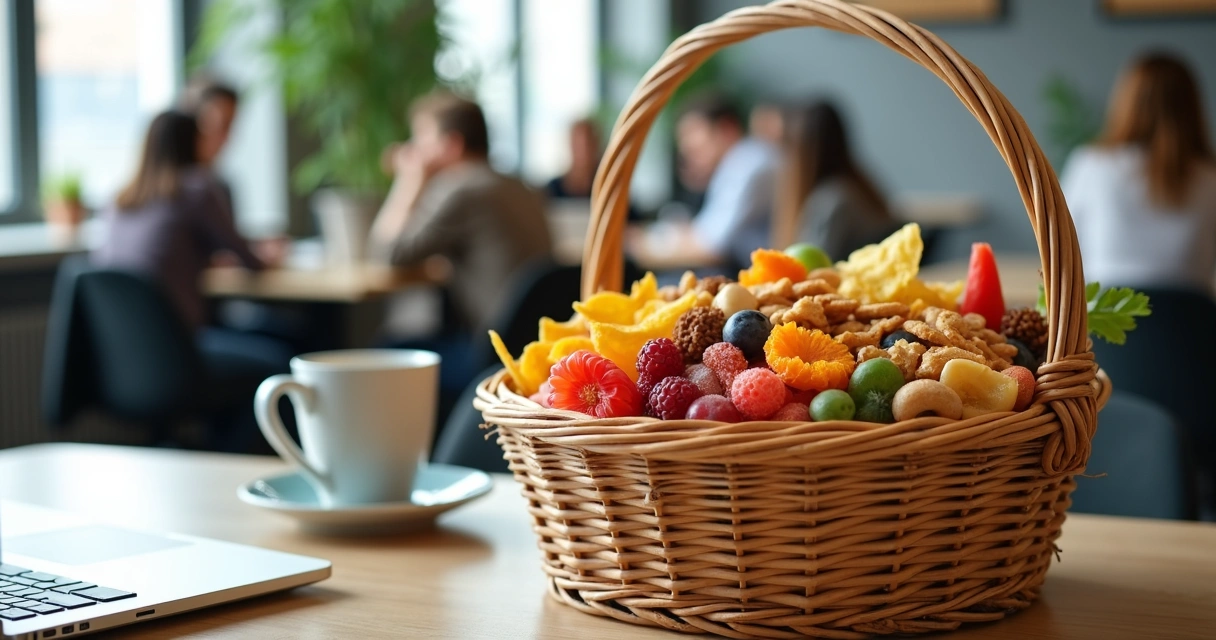 Cesta de produtos veganos variados sobre mesa de escritório 