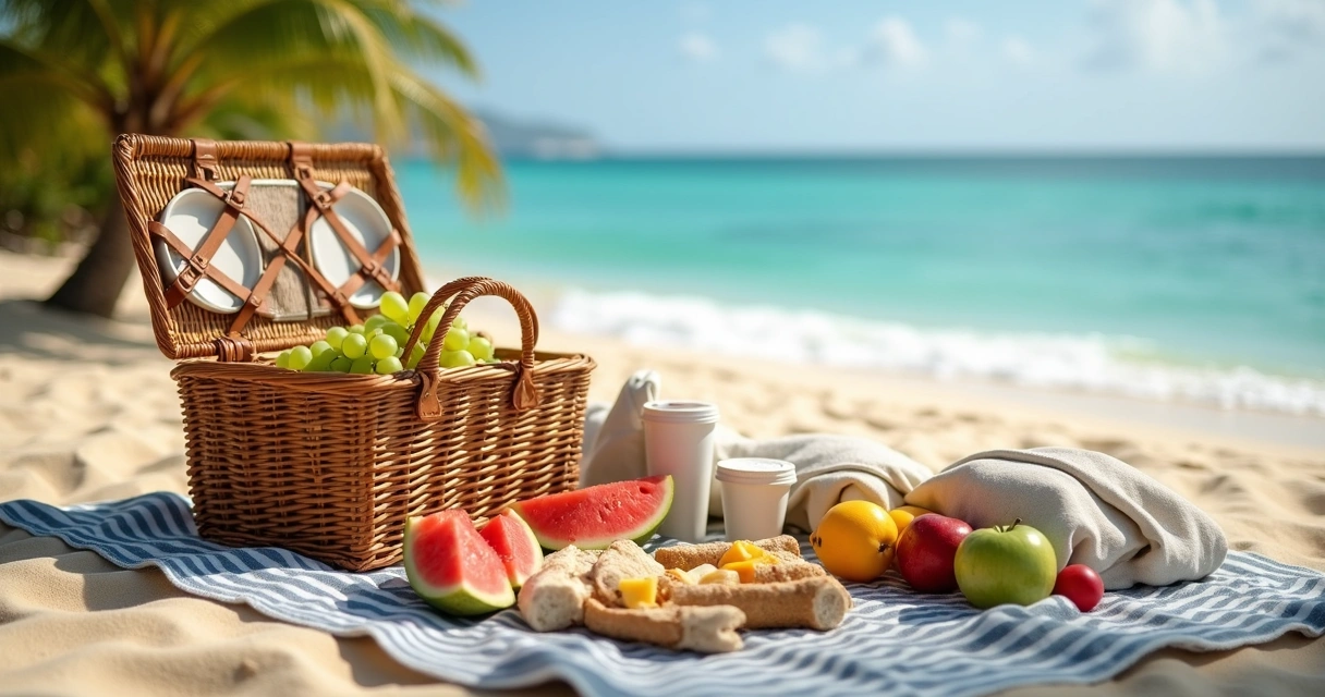Cesta de piquenique com frutas e toalha na areia da praia