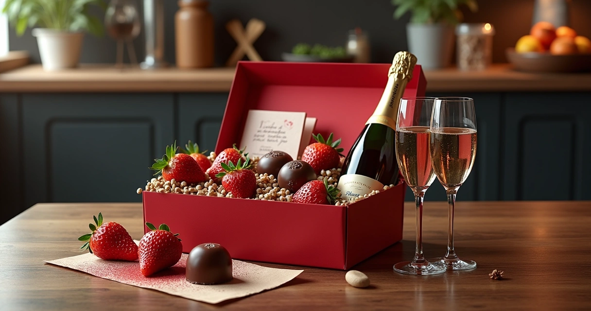 Cesta de presentes com itens afrodisíacos e taças de espumante