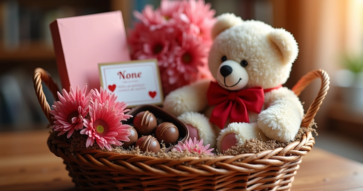 Cesta personalizada com chocolate, flores e pelúcia