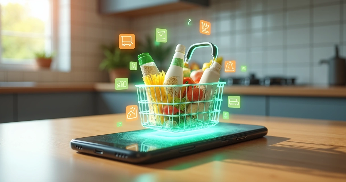Cesta de compras digital saindo da tela de um smartphone com itens de supermercado 