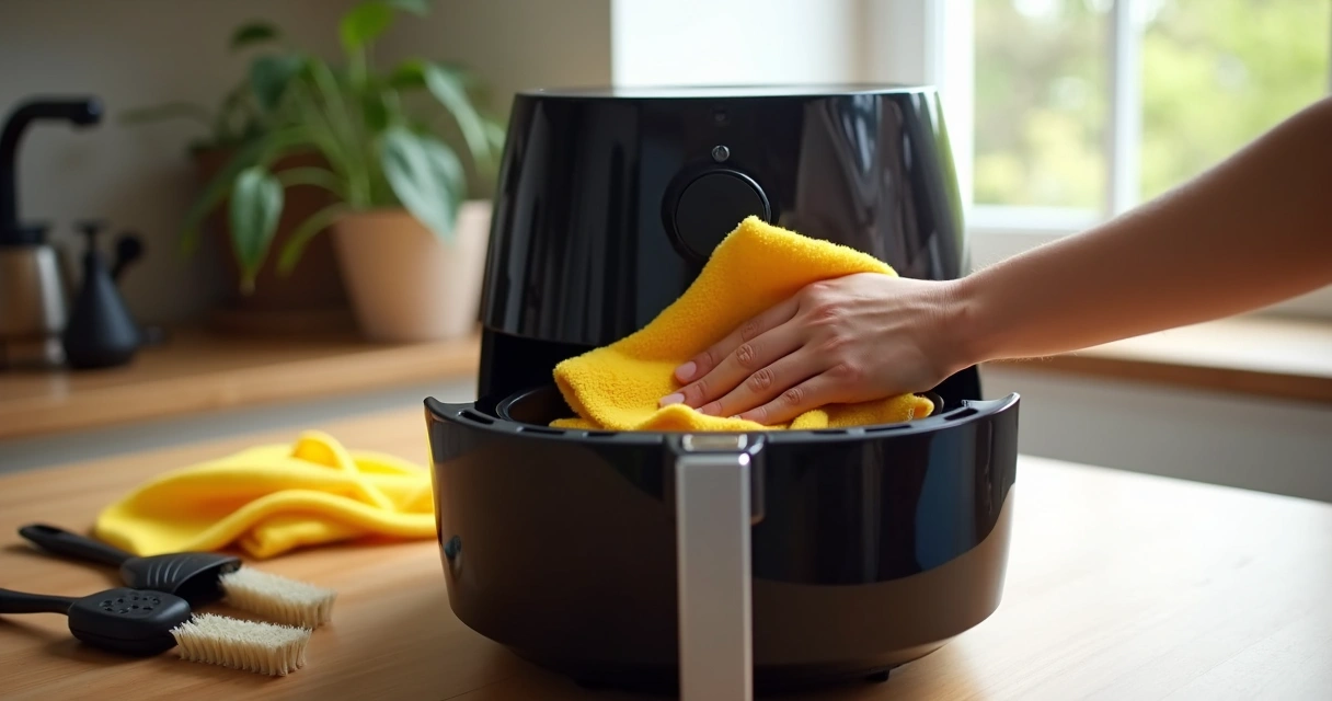 Cesto da AirFryer sendo limpo com pano de microfibra 