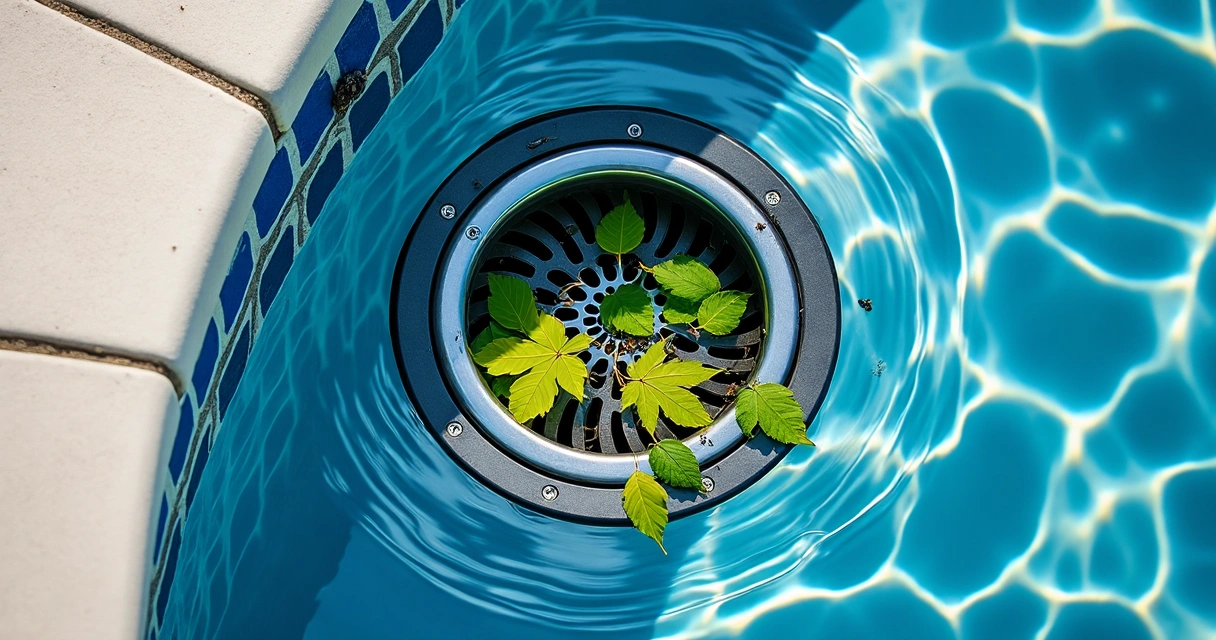 Cesto de skimmer de piscina cheio de folhas e sujidade 