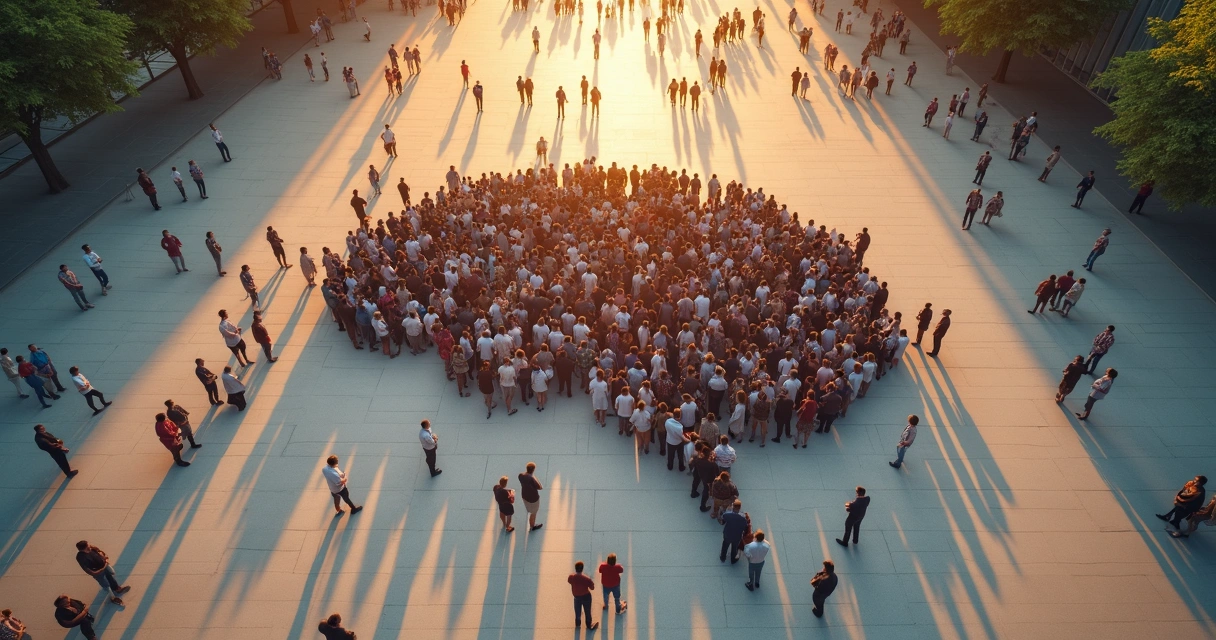 Grupo diverso em praça visto de cima com forma de cérebro formada pelos corpos 