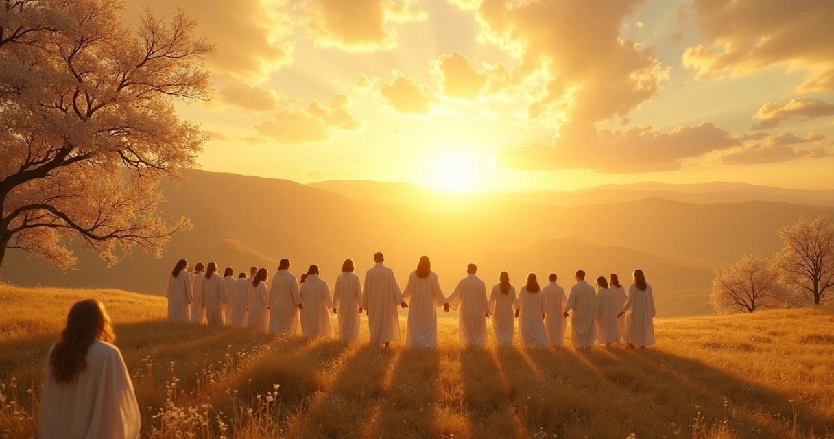 Paisagem serena com luz dourada e figuras reunidas 