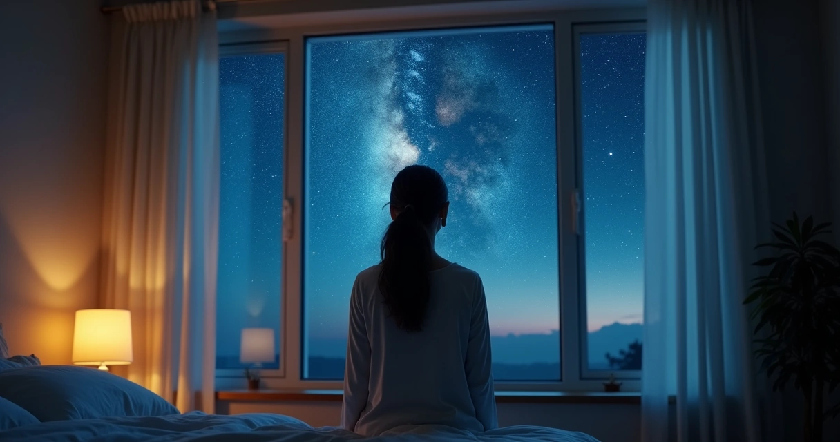 Mulher observa céu estrelado pela janela à noite 