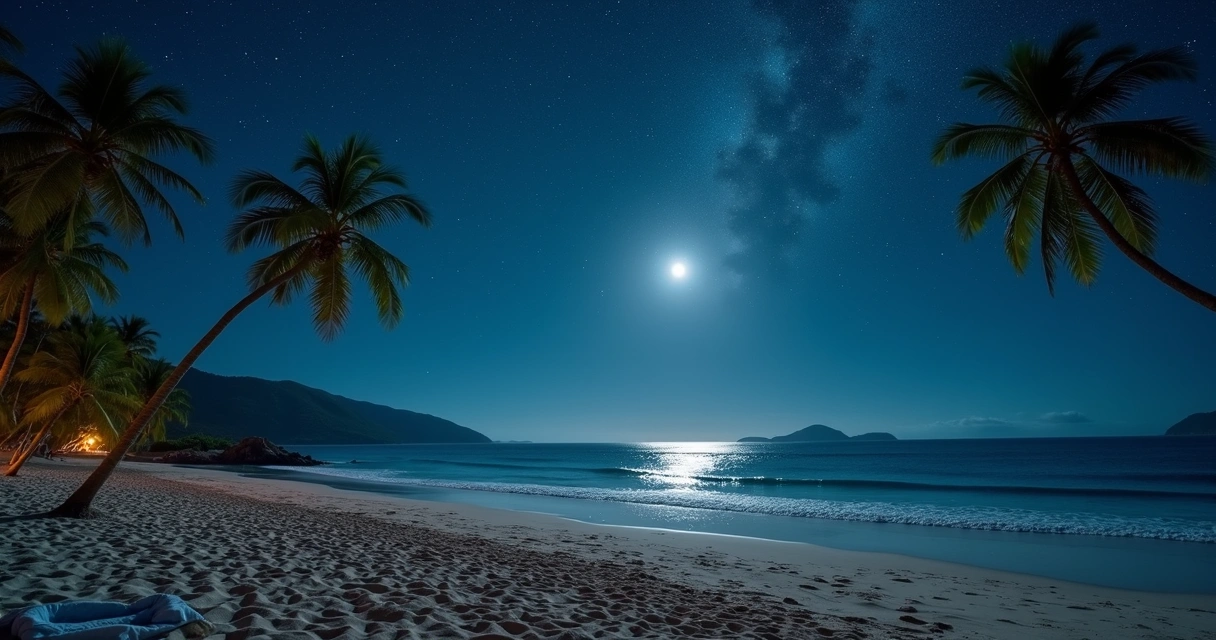 Praia escura com céu estrelado e coqueiros em Ilhéus