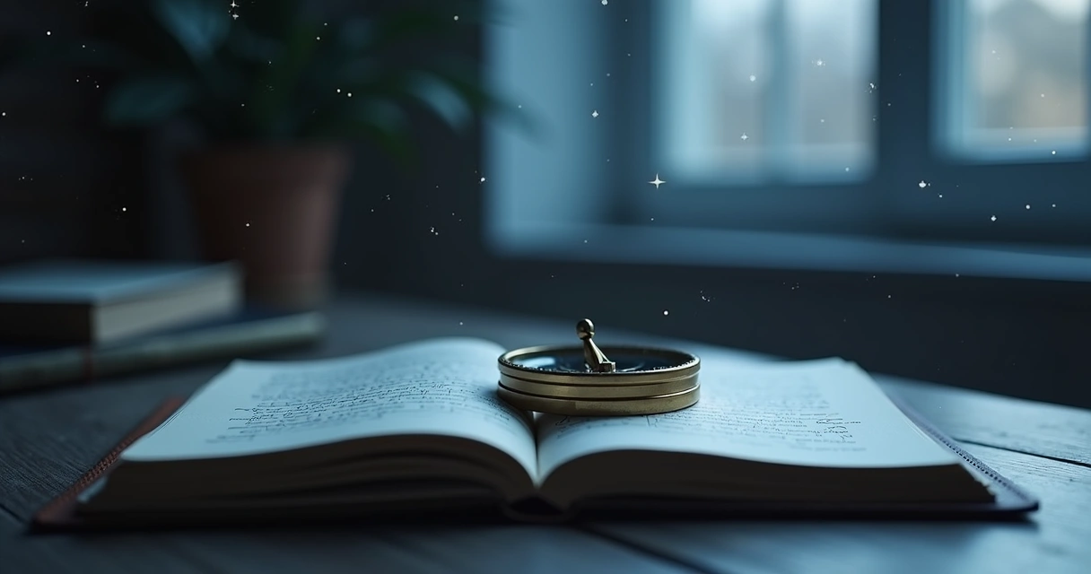 Bússola sobre caderno sob céu estrelado em composição simbólica