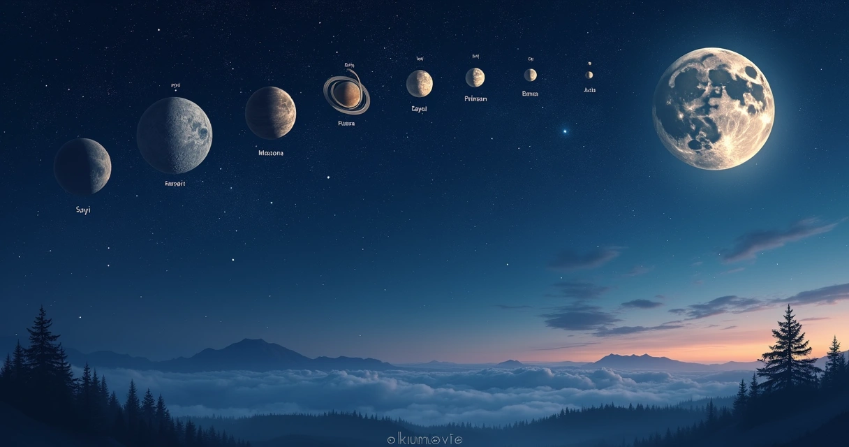 Representação de planetas e fases da lua em céu noturno