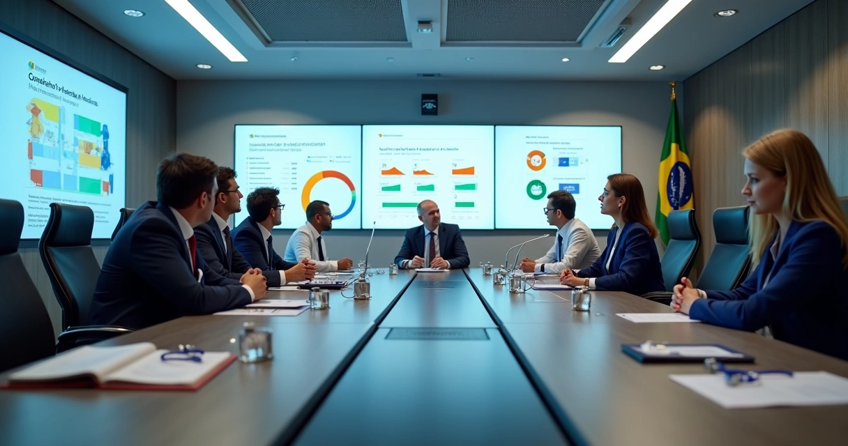 Salão de reuniões do Conselho Federal de Medicina, membros em discussão, painéis mostrando dados sobre credenciamento médico 