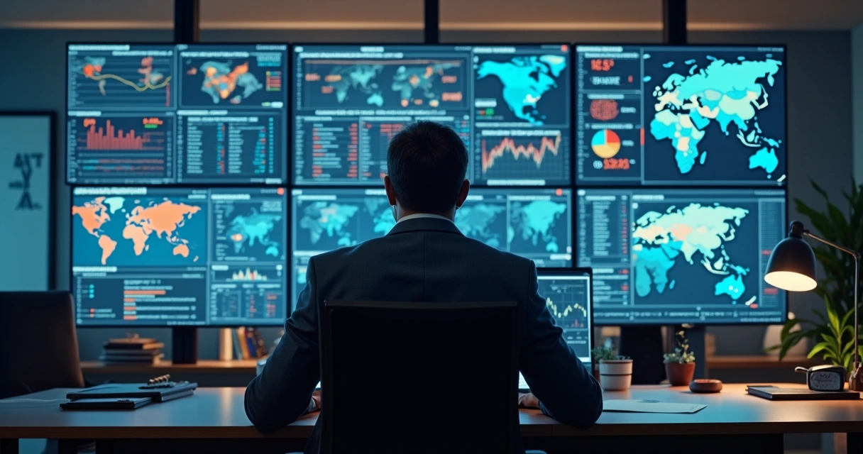 CFO in a modern office reviewing aggregated commodity and FX data on large screens, with agricultural output charts and global market indicators visible.