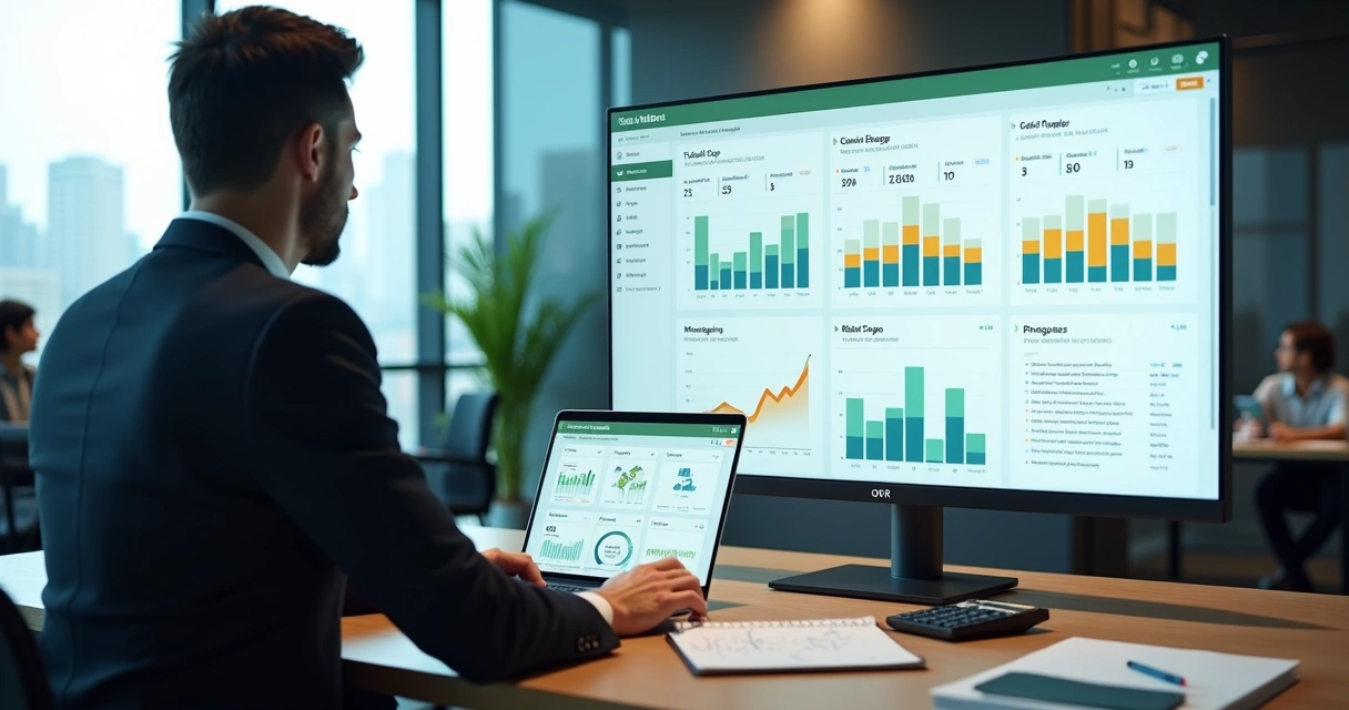 CFO analisando painel financeiro com gráficos de desempenho e metas OKR em escritório moderno 