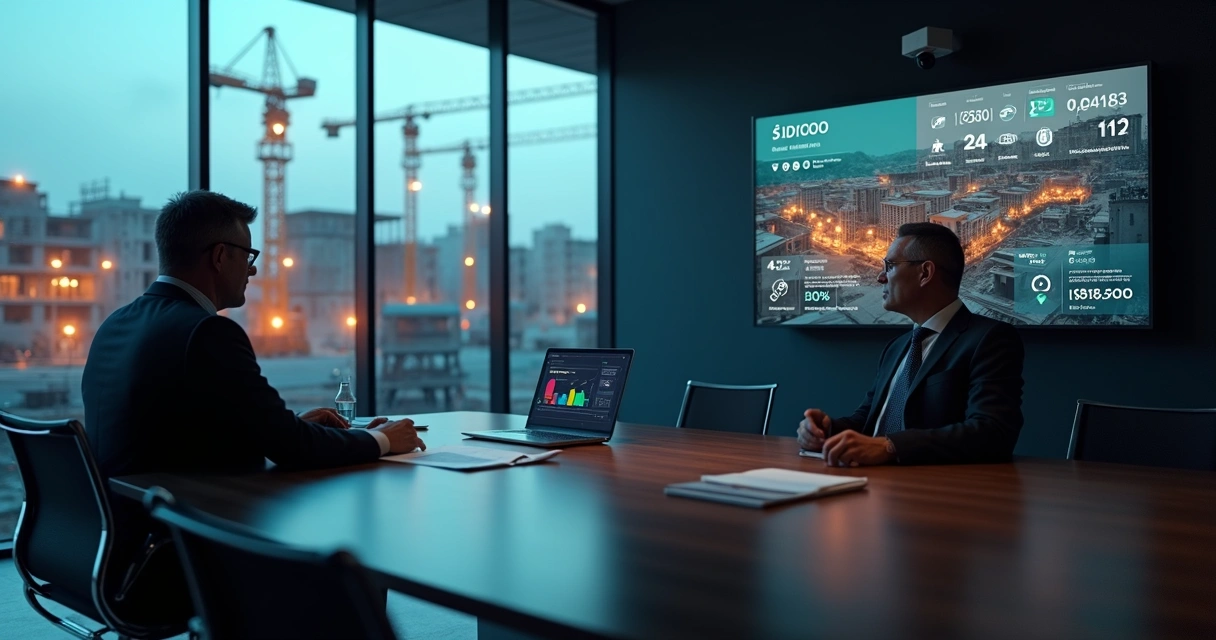 CFO analisa gráfico financeiro com tela de obra sendo monitorada 