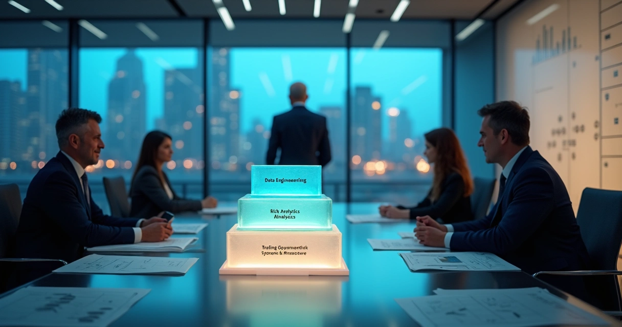 CFO arranging abstract blocks that form a quantitative risk team structure 