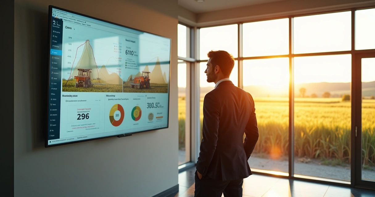 CFO in modern office reviewing treasury analytics dashboard with diversified farm assets and risk graphs. 