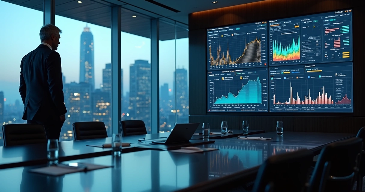 CFO viewing unified risk system dashboard comparing fragmented and centralized data 