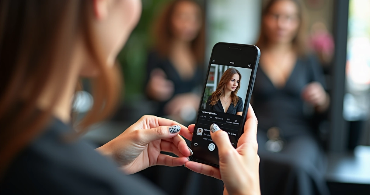 Colaboradora de salão de beleza digitando resposta na caixa de perguntas nos Stories 