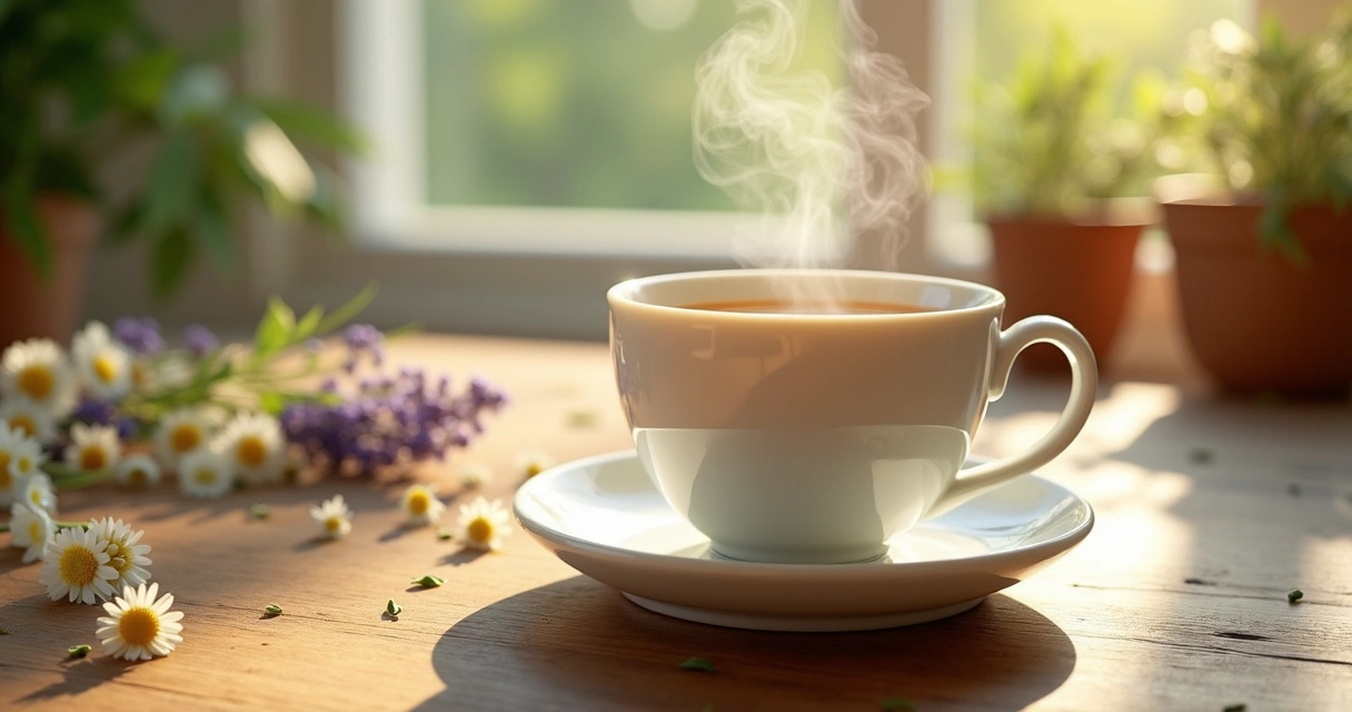 Chá calmante em xícara de porcelana com luz suave na mesa 