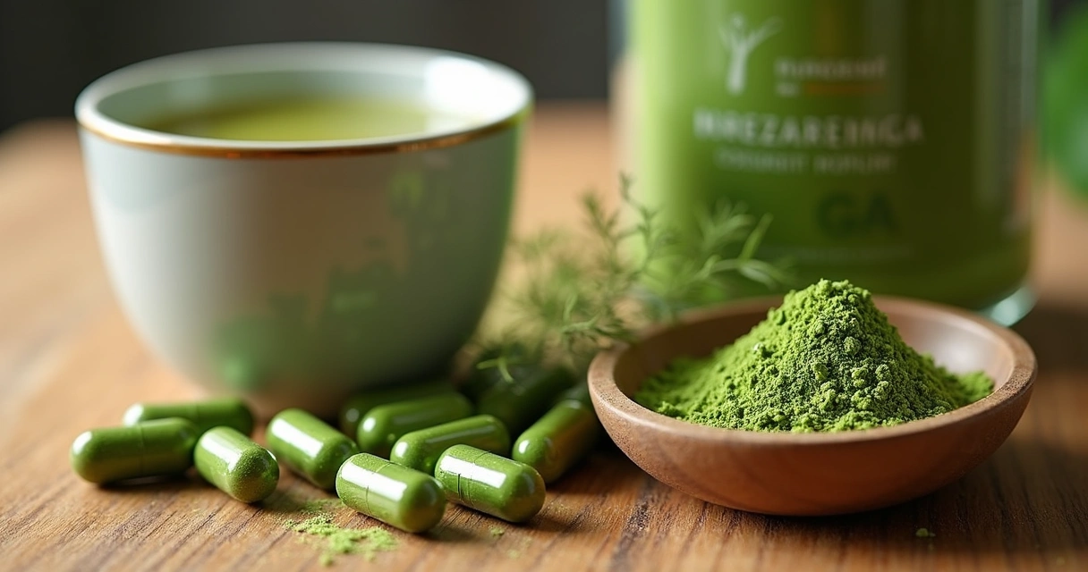 Cápsulas, pó de moringa e uma xícara de chá lado a lado na mesa