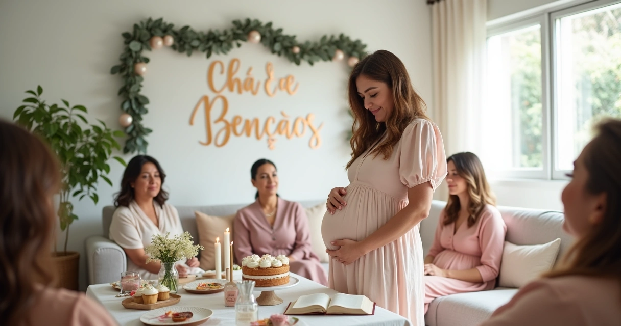 Mesa decorada de chá de bênçãos com mãe cristã grávida ao centro 