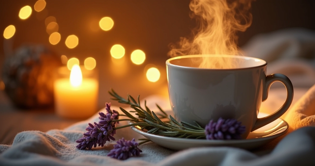 Xícara com chá relaxante de ervas com vapor suave 