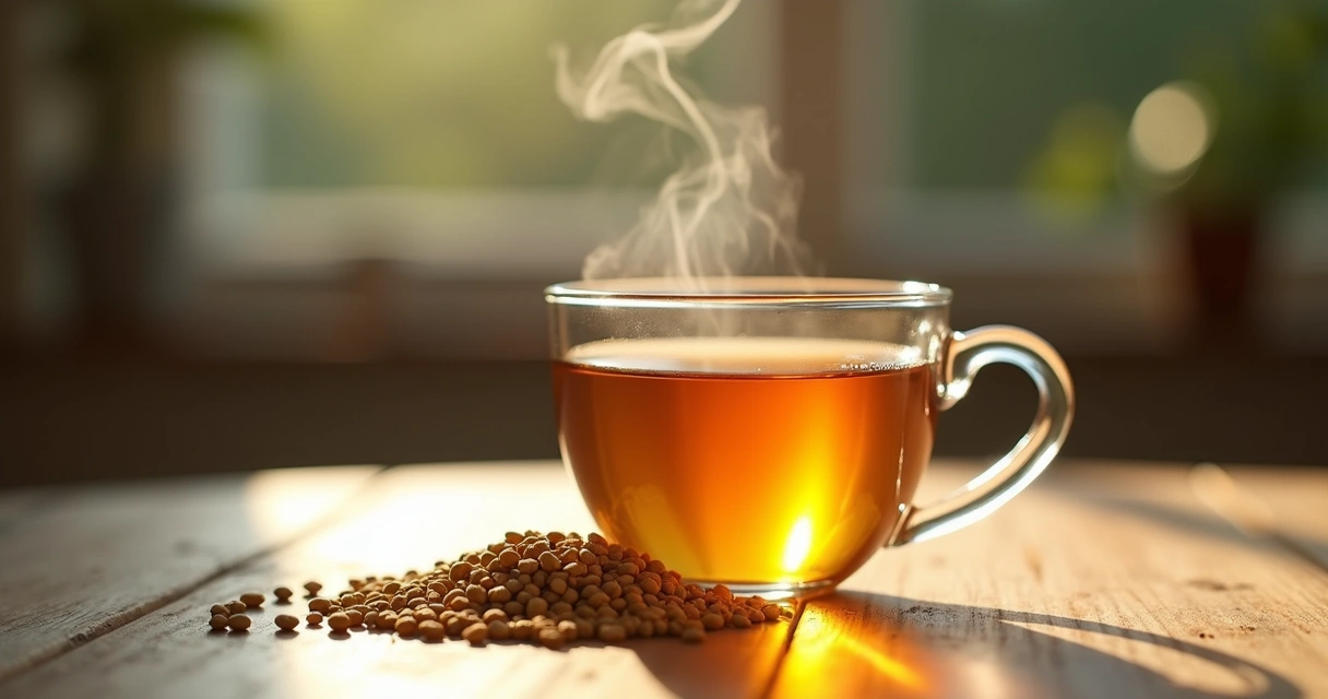 Chá de feno-grego servido em uma xícara transparente, com sementes ao lado 