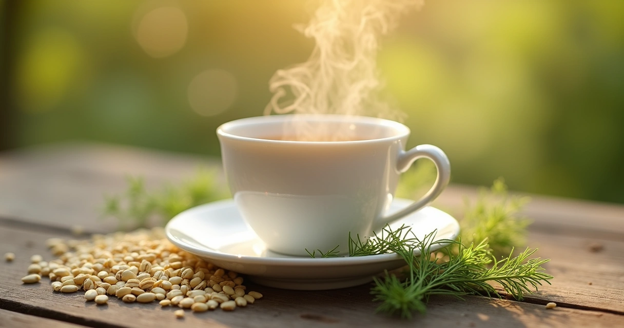 Chá de funcho servido em xícara branca sobre mesa de madeira. 