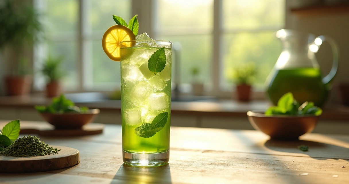 Copo de chá gelado de moringa com limão e folhas de hortelã