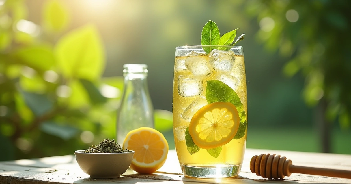 Copo de chá gelado de moringa com gelo e limão em mesa externa de verão 