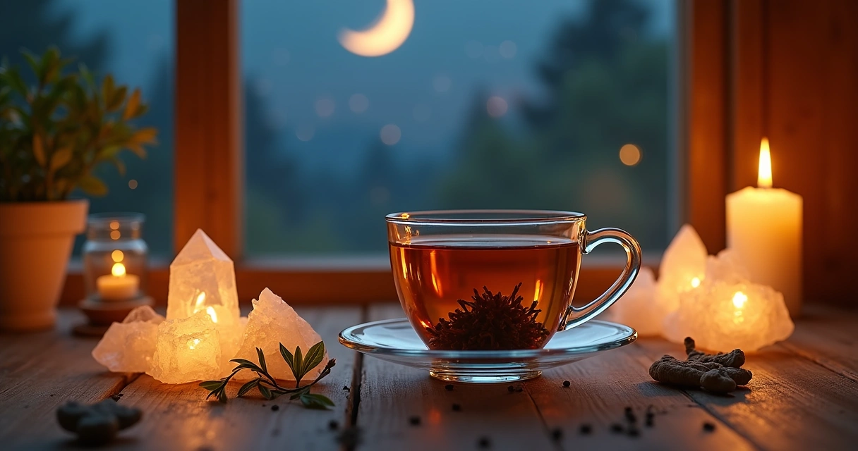 Chá preparado com ervas frescas, mesa decorada com cristais e luz suave, vista superior da xícara de chá sob céu estrelado 