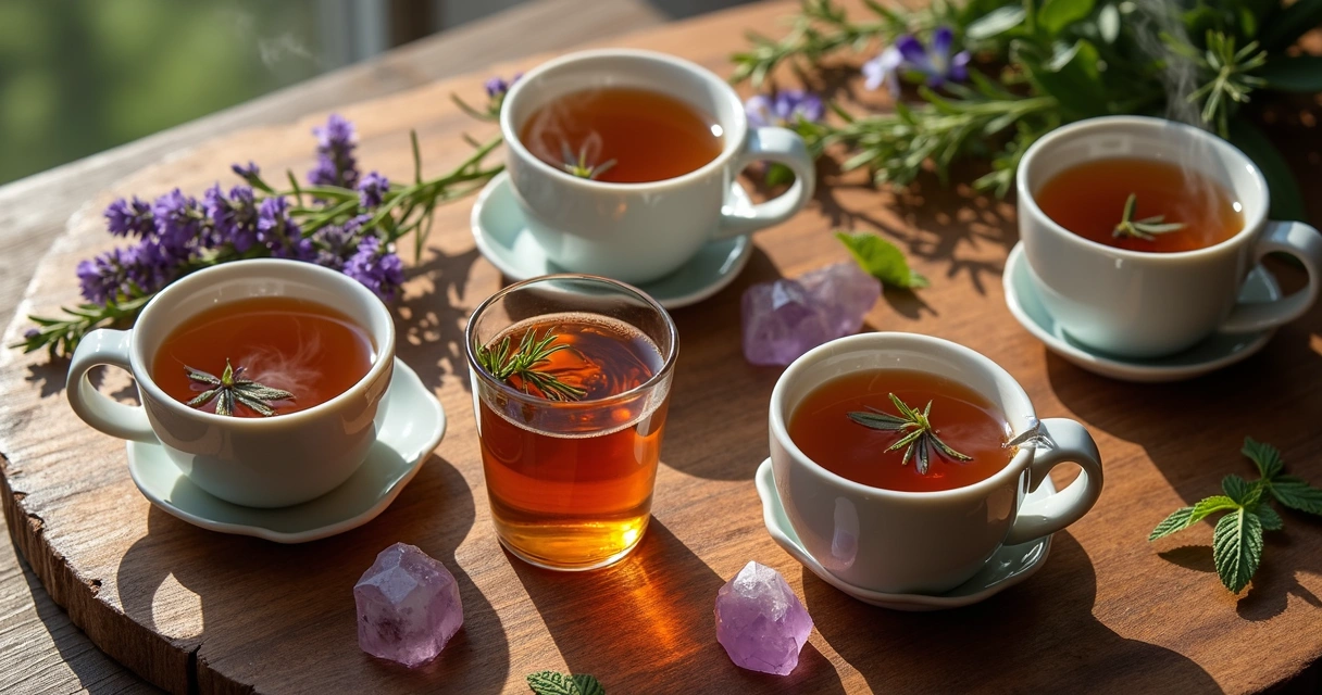 Xícara de chá aromático com ervas frescas, flores e cristais em uma mesa de madeira clara 