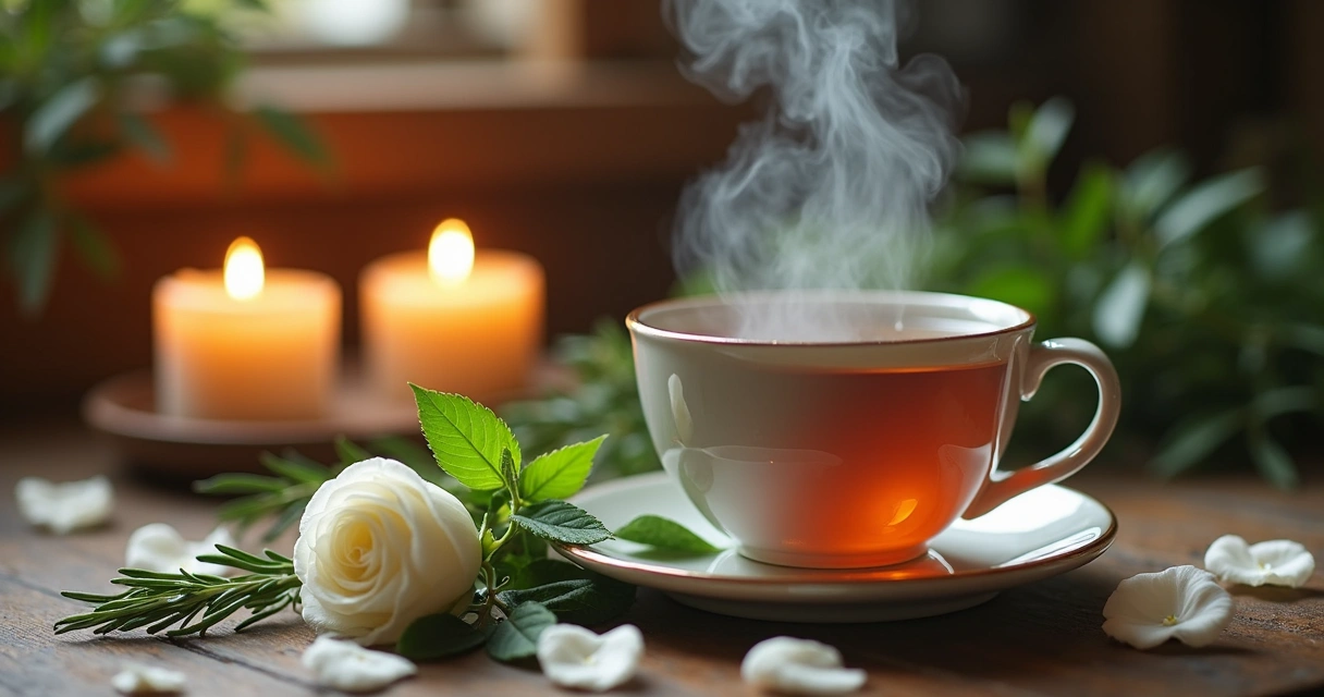 Chá místico em xícara branca com flores ao redor 