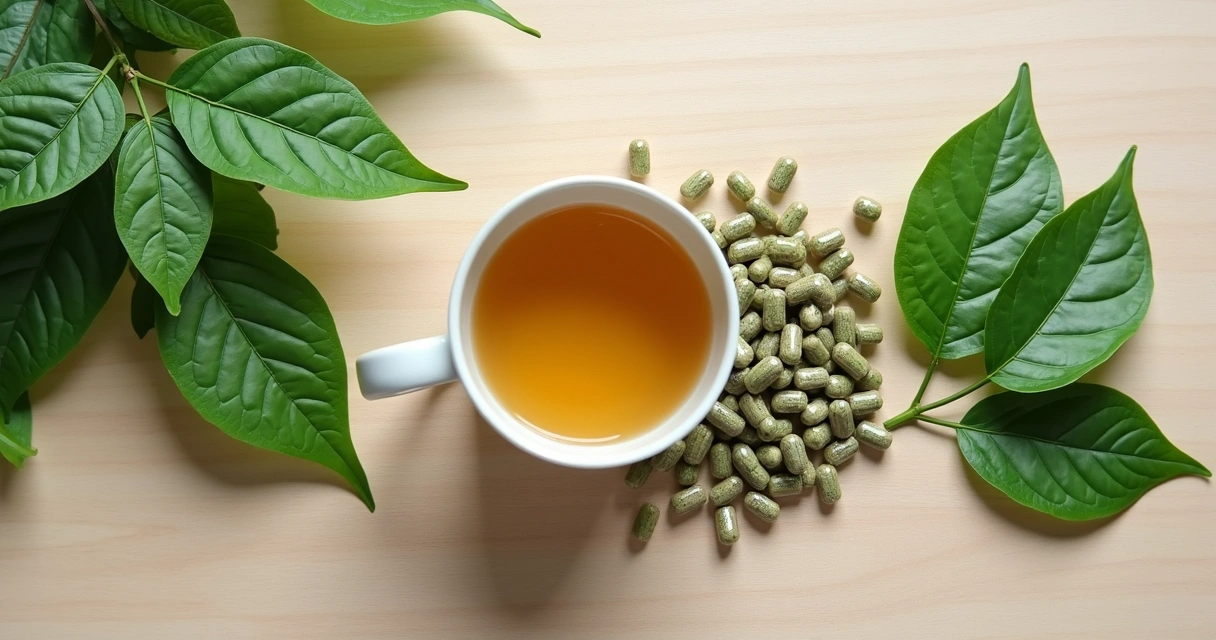 Chá, cápsulas e folhas in natura de moringa side a side 