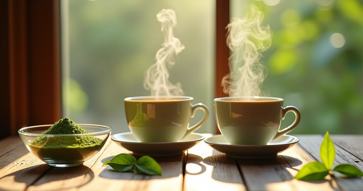 Chá de moringa servido em xícara em mesa posta para idosos