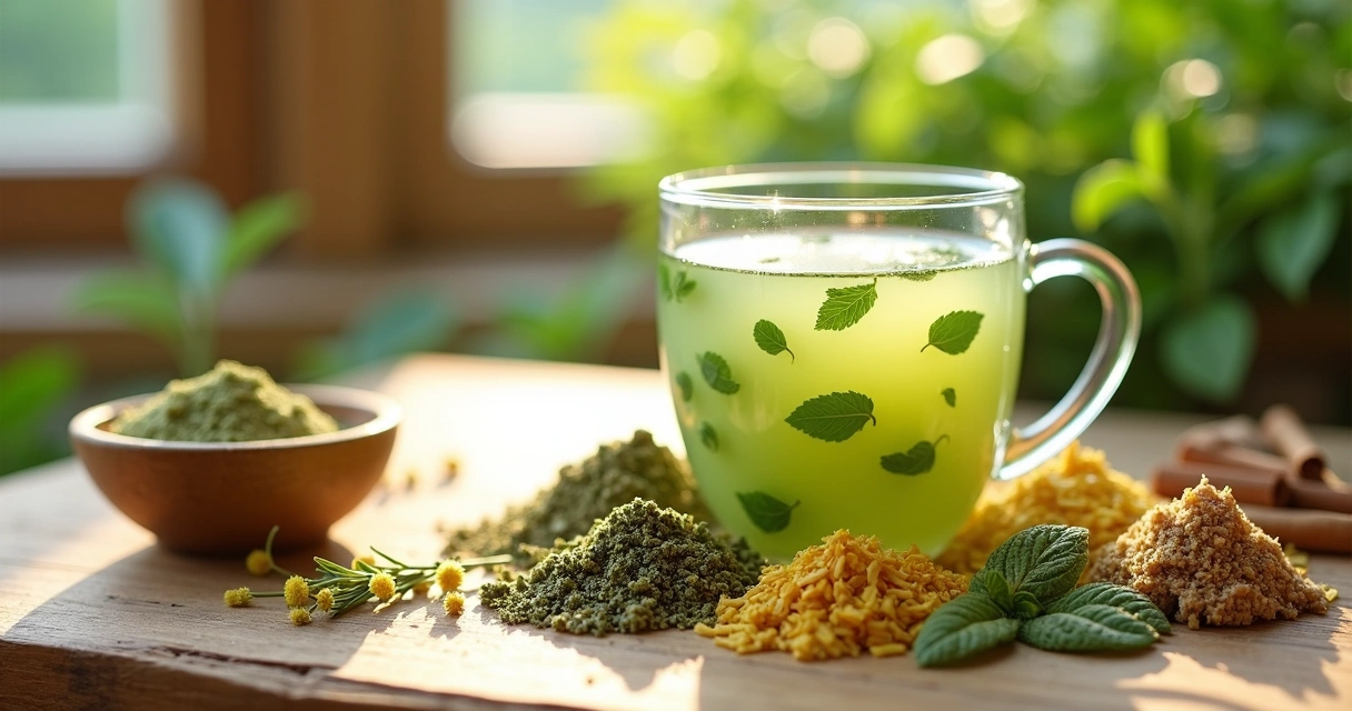 Xícara de chá de moringa com ervas em mesa de madeira clara 