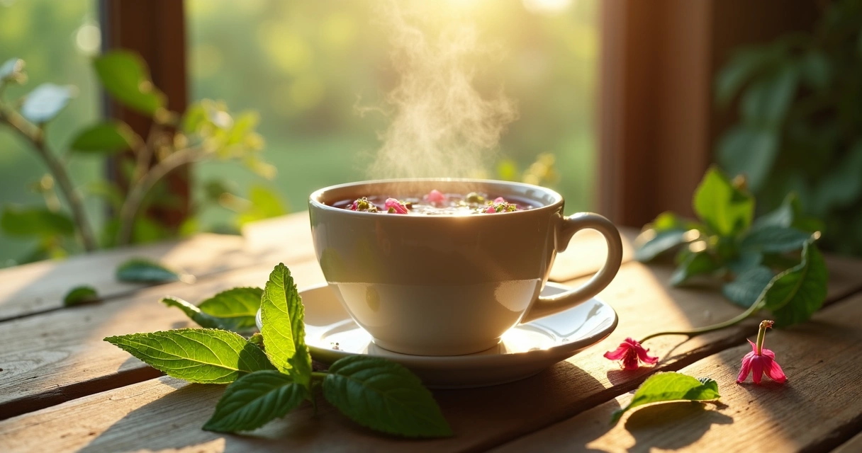 Xícara de chá moringa com ervas e folhas naturais na mesa 