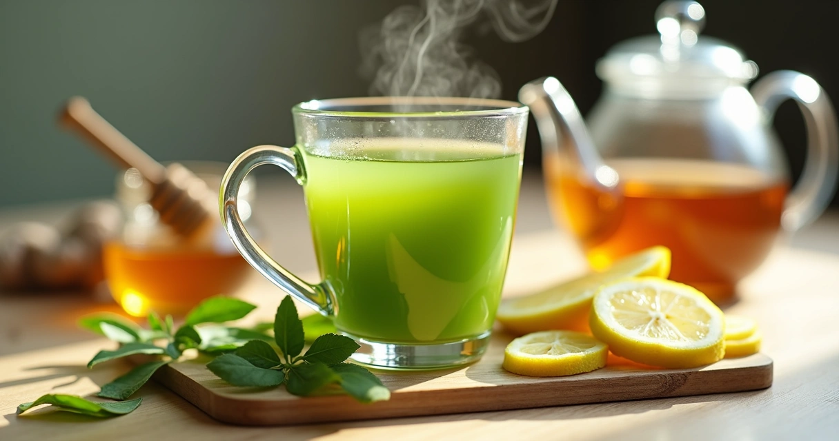 Xícara de chá de moringa com gengibre e limão em mesa de madeira clara 